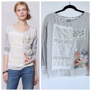 Anthropologie Tiny Patched Embroidery Pullover Layered 3/4 Sleeve Stripe Top M